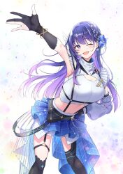 Rule 34 | 1girl, absurdres, armpit peek, armpits, black thighhighs, gloves, highres, idol, idol clothes, idolmaster, idolmaster va-liv, kamizuru cosmo, one eye closed, smile, thighhighs, tonguewasabi