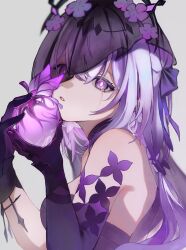 1girl absurdres bare_shoulders breasts bright_pupils castorice_(honkai:_star_rail) commentary dress elbow_gloves gloves grey_background hair_ribbon highres holding honkai:_star_rail honkai_(series) medium_breasts nico_(nicorkgk) purple_dress purple_eyes purple_gloves purple_hair purple_ribbon ribbon simple_background solo strapless strapless_dress tears upper_body veil white_pupils