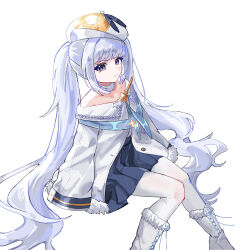 Rule 34 | 1girl, absurdres, azur lane, bare shoulders, blue eyes, blue skirt, boots, closed mouth, dmitri donskoi (azur lane), drunontry, hat, highres, invisible chair, long hair, long sleeves, looking at viewer, pantyhose, parka, pleated skirt, sitting, skirt, solo, swept bangs, twintails, very long hair, white boots, white hair, white hat, white pantyhose