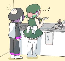 Rule 34 | 2girls, alternate hairstyle, back bow, behind another, beret, black headwear, black pants, black sleeves, bow, bowl, crossed bandaids, crying, dishwashing, dress, facing away, faucet, from behind, green bow, green dress, green headwear, hair bow, hair bun, hat, head bump, holding, holding sponge, humming, indoors, kitchen, long sleeves, momone momo, multiple girls, musical note, no shoes, pants, pink hair, plate, purple hair, rice bowl, robot ears, saruyama ushirou, shirt, short dress, single hair bun, sink, sleeveless, sleeveless dress, sponge, standing, stove, tears, thighhighs, utane uta, utau, water, white bow, white shirt, white thighhighs