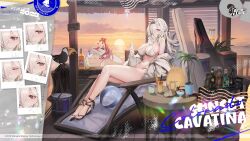 1girl 3girls artist_request azur_lane ball beach beachball bikini bird black_hairband bottle breasts character_name cloud colorado_(azur_lane) commentary copyright_name copyright_notice cup english_commentary hair_intakes hair_over_one_eye hairband highres horizon jacket large_breasts logo manjuu_(azur_lane) maryland_(azur_lane) multiple_girls off_shoulder official_alternate_costume official_art outdoors picture_frame plant sandals scarf sitting solo sunset swimsuit toucan west_virginia_(azur_lane) white_bikini