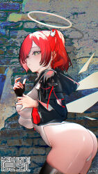 1girl arknights black_gloves black_jacket breasts detached_wings energy_wings exusiai_(arknights) exusiai_the_new_covenant_(arknights) fingerless_gloves gloves grabbing_own_breast hair_ornament halo hezhi_go highres jacket large_breasts leotard looking_at_viewer medium_hair one_side_up red_hair solo thighhighs thighs traditional_halo white_halo white_leotard white_thighhighs wing_hair_ornament wings yellow_eyes