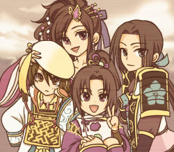 akechi_mitsuhide_(sengoku_musou) armor beret black_hair blue_eyes brown_eyes brown_hair butterfly_hair_ornament chibi hair_ornament hand_on_another&#039;s_head hat japanese_clothes kimono long_hair magatama magatama_necklace mori_ranmaru nashinomiya necklace nouhime ponytail purple_eyes purple_hair sengoku_musou smile takenaka_hanbei v