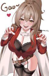 Rule 34 | 1girl, artist name, ascot, azur lane, belt, black bra, black thighhighs, blush, bra, breasts, brown hair, buttons, cape, center opening, claw pose, cleavage, commentary, crossed bangs, epaulettes, fangs, gao, garter belt, hair between eyes, hair intakes, hands up, heart, highleg, highres, jacket, lace, lace-trimmed bra, lace trim, large breasts, lion (azur lane), long hair, long sleeves, looking at viewer, loose belt, open mouth, red cape, red jacket, sidelocks, simple background, smile, solo, standing, thigh strap, thighhighs, two-sided cape, two-sided fabric, underwear, very long hair, white ascot, white background, wynnblue, yellow eyes