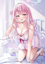 1girl bare_legs barefoot blue_archive blush breasts cleavage commentary_request feathered_wings halo hand_up highres indoors kneeling large_breasts looking_at_viewer mika_(blue_archive) pink_chemise pink_hair sakura_hiyori signature solo twitter_username white_wings wings yellow_eyes