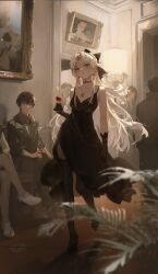 1girl absurdres ahoge alcohol alternate_costume bare_shoulders black_choker black_dress black_gloves black_hair black_thighhighs blue_eyes blurry blurry_foreground bow carlotta_(wuthering_waves) champagne_flute choker closed_mouth commentary crossed_legs cup dino_(dinoartforame) dress drinking_glass duplicate earrings english_commentary gloves hair_bow high_heels highres indoors jewelry lampshade long_hair looking_at_another necklace painting_(object) parted_bangs picture_frame plant red_scarf scarf short_hair sitting smile standing thighhighs tile_floor tiles very_long_hair white_hair wuthering_waves