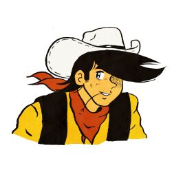 1boy ashita_no_joe bandana black_hair black_vest commentary cosplay cowboy_hat cropped_torso halftone hat highres looking_to_the_side lucky_luke lucky_luke_(character) lucky_luke_(character)_(cosplay) male_focus mouth_hold official_style one_eye_covered parted_lips red_bandana shirt smile solo stalk_in_mouth the_french_phenom vest white_hat yabuki_joe yellow_shirt