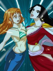 2girls absurdres bikini bikini_top_only black_hair blue_jeans blue_pants boa_hancock breasts brown_eyes cleavage denim dragonball_z earrings epaulettes fusion gabidin highres jeans jewelry large_breasts long_hair looking_at_another medium_breasts midriff multiple_girls nami_(one_piece) nami_(one_piece)_(return_to_sabaody) one_piece open_mouth orange_hair pants potara_earrings swimsuit underboob