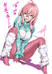 1girl ahoge artist_request between_legs breasts commentary_request full_body glasses hair_between_eyes hair_ribbon hand_between_legs highres holding holding_phone ideura_shizuri_(neet_kunoichi) jacket large_breasts leg_warmers long_hair looking_at_viewer neet_de_otaku_na_kunoichi_to_naze_ka_dousei_hajimemashita ninja open_mouth pantyhose phone pink_hair pink_pantyhose purple_eyes ribbon sidelocks sitting solo translation_request white_background