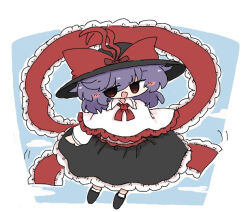 1girl black_hat black_shoes black_skirt blue_sky bow capelet commentary frilled_shawl frilled_skirt frills full_body hat hat_bow kuuinusuki long_sleeves looking_at_viewer nagae_iku open_mouth outdoors purple_hair red_bow red_eyes shawl shoes short_hair skirt sky solo touhou white_capelet
