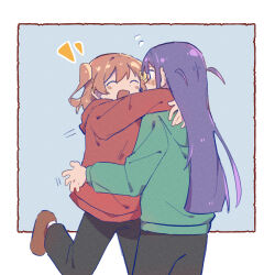 Rule 34 | 2girls, :d, ^ ^, aijou karen, arms around neck, black eyes, black pants, blunt bangs, blunt ends, blush, border, brown hair, brown shoes, chinese commentary, closed eyes, commentary request, covered mouth, crown hair ornament, face-to-face, facing another, flying sweatdrops, green hoodie, grey background, hair ornament, hairclip, hand up, hands up, highres, hood, hood down, hoodie, hug, long hair, long sleeves, looking at another, motion lines, multiple girls, nose blush, notice lines, open mouth, outside border, pants, profile, purple hair, red hoodie, rei931218, shoes, short hair, shoujo kageki revue starlight, simple background, smile, standing, standing on one leg, tsuyuzaki mahiru, two side up, white border, yuri