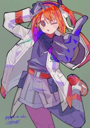 1girl a.i._voice adachi_rei belt belt_pouch black_gloves black_shirt gloves grey_shorts hashtag-only_commentary highres jacket long_sleeves looking_at_viewer one_eye_closed open_clothes open_jacket orange_belt orange_eyes orange_hair parted_lips pouch shirt shorts signature simple_background solo utau white_jacket yuyu_no_suke