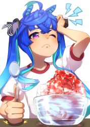 Rule 34 | 1girl, @ @, absurdres, ahoge, animal ears, aqua hair, arm up, blue hair, bow, bowl, brain freeze, closed mouth, commentary request, crossed bangs, food, gym shirt, hair bow, hand on own head, highres, holding, holding spoon, horse ears, horse girl, long hair, multicolored hair, one eye closed, purple eyes, shaved ice, shirt, short sleeves, sidelocks, simple background, solo, spoon, striped bow, table, thin (suzuneya), twin turbo (umamusume), twintails, two-tone hair, umamusume, upper body, wavy mouth, white background, white shirt