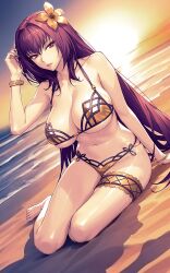 1girl absurdres bare_shoulders barefoot beach bikini bracelet breasts cleavage dynamitenatalia fate/grand_order fate_(series) flower frilled_thigh_strap gold_bikini hair_flower hair_ornament hibiscus highres jewelry large_breasts long_hair looking_at_viewer navel purple_hair red_eyes scathach_(fate) scathach_(fate/grand_order) scathach_(swimsuit_assassin)_(fate) shore solo sunset swimsuit thigh_strap thighs