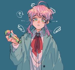 ... 1boy :o ? ahoge amemura_ramuda aqua_jacket baggy_clothes blue_background blue_eyes blush_stickers collared_shirt drawn_halo drawn_wings fingernails halo hand_up highres holding holding_microphone hood hood_down hypnosis_mic hypnosis_microphone jacket long_sleeves looking_at_viewer male_focus microphone multicolored_eyes multicolored_hair neck_ribbon open_clothes open_jacket parted_bangs parted_lips pink_hair purple_hair raised_eyebrows red_ribbon ribbon shirt short_hair_with_long_locks sidelocks simple_background solo speech_bubble two-tone_eyes two-tone_hair upper_body urata_(kogasitata) white_shirt yellow_eyes