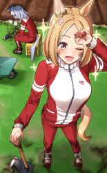 2girls ;d animal_ears blonde_hair blush breasts commentary ear_covers gloom_(expression) grey_hair heavy_breathing highres hishi_miracle_(umamusume) hoe horse_ears horse_girl horse_tail jacket large_breasts medium_hair multiple_girls narita_top_road_(umamusume) nemu_(46_2367teimei) one_eye_closed open_mouth pants parted_bangs red_jacket red_pants red_track_suit short_hair sitting smile symbol-only_commentary tail tracen_training_uniform track_jacket track_pants track_suit umamusume wheelbarrow
