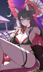 Rule 34 | 1girl, absurdres, alternate costume, animal ear fluff, animal ears, bikini, black bikini, black choker, black hair, black umbrella, blue archive, blush, bow, choker, closed mouth, colored inner hair, fox ears, fox girl, fox tail, hair bow, halo, highres, holding, holding umbrella, looking at viewer, multicolored hair, red hair, red halo, smile, solo, swimsuit, tail, thigh strap, two-tone hair, udonpan, umbrella, wakamo (blue archive), yellow bow, yellow eyes