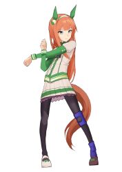 1girl absurdres animal_ears asymmetrical_footwear black_pantyhose blue_eyes blunt_bangs bow brown_shoes ch2haya_p closed_mouth commentary ear_covers expressionless footwear_bow green_bow green_sleeves hairband highres horse_ears horse_girl horse_tail jacket juliet_sleeves long_hair long_sleeves mismatched_footwear orange_hair orange_tail pantyhose pleated_skirt puffy_sleeves shoes silence_suzuka_(umamusume) simple_background skirt solo standing stretching symbol-only_commentary tail umamusume white_background white_hairband white_jacket white_shoes white_skirt