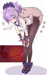 anal animal animal_penis azur_lane bare_shoulders bent_over bestiality black_bra blush bow bra bridal_gauntlets brown_bridal_gauntlets brown_pantyhose closed_mouth clothed_sex commentary_request cropped_vest cross-section drooling flat_chest footwear_bow frown full_body green_eyes hair_bow hair_ornament hands_on_own_knees headset hetero high_heels idol_clothes javelin_(azur_lane) javelin_(energetic_idol_@120_motivation!)_(azur_lane) kousakuin_(firstsatyam) legs_together looking_down medium_hair midriff moaning motion_lines no_panties no_pants nose_blush pantyhose partial_commentary penis pig pig_penis pink_bow plaid_bow ponytail purple_bow purple_hair purple_shoes rolling_eyes sex sex_from_behind shadow shoes short_ponytail simple_background size_difference sound_effects speech_bubble speed_lines spoken_blush standing standing_sex star_(symbol) star_hair_ornament strappy_heels sweat twitching underwear vest white_background white_vest wrist_cuffs