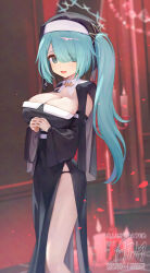 1girl ainy alternate_costume aqua_halo artist_name black_dress black_veil blue_archive blue_eyes breasts cleavage coif commentary_request dress eyes_visible_through_hair hair_over_one_eye halo highres hiyori_(blue_archive) large_breasts long_hair looking_at_viewer nun open_mouth own_hands_together side_slit solo veil very_long_hair watermark