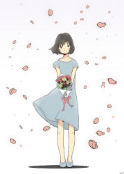 1girl black_eyes black_hair blush bouquet clothes_lift female_focus flower hana_(ookami_kodomo) niea ookami_kodomo_no_ame_to_yuki petals shadow short_hair simple_background skirt skirt_lift solo