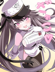 1girl :d anchor_hat_ornament arm_behind_back azur_lane bare_shoulders belt black_belt black_bow blush boots bow breasts brown_hair commentary_request dress from_above gloves groin hair_between_eyes hair_bow hand_to_own_mouth hand_up hat hat_ornament large_breasts long_hair looking_at_viewer looking_up misopiero no_bra no_panties open_mouth pamiat_merkuria_(azur_lane) pamiat_merkuria_(retrofit)_(azur_lane) pink_eyes side_ponytail sideboob sleeveless sleeveless_dress smile smug solo standing standing_on_one_leg thigh_strap thighhighs thighs translation_request very_long_hair white_dress white_gloves white_hat