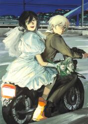 Rule 34 | 1boy, 1girl, black hair, blonde hair, bouquet, bridal veil, chainsaw man, city, city lights, cityscape, denji (chainsaw man), dress, driving, flower, green eyes, green jacket, hair between eyes, hair bun, hands on another&#039;s waist, highres, holding, holding bouquet, jacket, looking at viewer, looking back, monotone ink, motor vehicle, motorcycle, night, night sky, on motorcycle, outdoors, power lines, puffy sleeves, reze (chainsaw man), riding, road, short hair, single hair bun, sky, smile, veil, wedding dress, yellow eyes