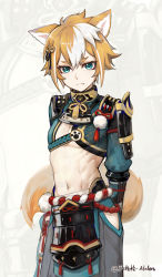 1boy absurdres alalen animal_ears armor arms_behind_back blonde_hair closed_mouth commentary fox_ears genshin_impact gorou_(genshin_impact) green_eyes highres looking_at_viewer male_focus multicolored_hair muscular muscular_male navel solo streaked_hair tail torso zoom_layer