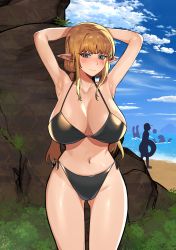 1girl 6no1 armpits arms_up beach bikini blonde_hair blue_eyes blush breasts elf highres large_breasts looking_at_viewer low_twintails navel original pointy_ears side-tie_bikini_bottom swimsuit twintails