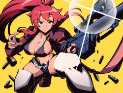 1girl bare_shoulders bikini bikini_top_only black_bikini black_gloves black_shorts blush breasts cleavage collarbone cowboy_shot dark_background fingerless_gloves flame_print glint gloves gun hair_ornament hair_stick highres large_breasts long_hair looking_at_viewer navel pechamaju pink_scarf pink_thighhighs ponytail red_hair rifle scarf scope short_shorts shorts sidelocks simple_background skull_hair_ornament sniper_rifle solo squatting standing swimsuit tengen_toppa_gurren_lagann thighhighs tinted_eyewear weapon yellow_background yellow_eyes yoko_littner