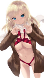 1girl alternate_hair_length alternate_hairstyle blonde_hair blue_eyes blue_nails blush boku_wa_tomodachi_ga_sukunai breasts brown_coat cait_aron cleavage coat cowboy_shot gluteal_fold groin hands_up highres kashiwazaki_sena large_breasts long_sleeves looking_at_viewer medium_hair nail_polish navel nearly_naked_ribbon open_clothes open_coat parted_bangs parted_lips red_ribbon ribbon scarf simple_background solo thighs underboob white_background white_scarf