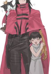 1boy 1girl black_hair black_pants cait_sith_(final_fantasy) cape child cloak closed_eyes closed_mouth commentary_request cowboy_shot crown facing_viewer final_fantasy final_fantasy_vii final_fantasy_vii_advent_children gauntlets hair_ribbon highres long_hair marlene_wallace mini_crown open_mouth pants pink_ribbon puff_of_air red_cape red_cloak ribbon single_gauntlet skirt sleeveless sleeveless_turtleneck smile sweater turtleneck turtleneck_sweater vani_(hisha_04) vincent_valentine white_background