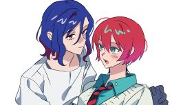 1boy 1girl amate_yuzuriha aqua_eyes blue_hair blush collared_shirt colored_inner_hair gundam gundam_gquuuuuux highres long_sleeves looking_at_another looking_at_viewer lower_eyelashes_only meng_gin multicolored_hair necktie open_mouth purple_hair red_eyes red_hair school_uniform shirt short_hair shuji_ito simple_background sweatdrop sweater two-tone_hair upper_body white_background white_shirt
