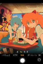 1boy 1girl 2boys 2girls absurdres ayanami_rei blue_eyes blue_hair breasts brown_hair cosplay employee_uniform fast_food_uniform food fujitaka_nasu hair_between_eyes hat headset highres ikari_shinji imadake_dabuchi_tabemi imadake_dabuchi_tabemi_(cosplay) long_hair looking_at_viewer mcdonald&#039;s multiple_boys multiple_girls necktie neon_genesis_evangelion open_mouth red_eyes school_uniform shirt short_hair souryuu_asuka_langley striped_clothes striped_shirt vertical-striped_clothes vertical-striped_shirt visor_cap white_shirt yellow_happi yoru_mac