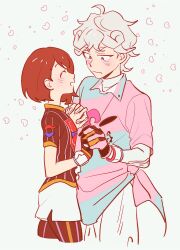 Rule 34 | 1girl, ahoge, bede (pokemon), blush, brown hair, champion uniform, closed eyes, cropped legs, curly hair, dynamax band, enoch (enoch0501), gloria (pokemon), grey hair, heart, hetero, highres, holding hands, interlocked fingers, looking at another, nintendo, pokemon, pokemon swsh, short hair