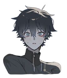 Rule 34 | 1boy, aqua eyes, black hair, black shirt, blush, commentary, cropped shoulders, dan heng (honkai: star rail), eyeliner, hair between eyes, hashtag-only commentary, highres, honkai: star rail, honkai (series), iii 0617, looking at viewer, makeup, male focus, red eyeliner, ringed eyes, shirt, short hair, simple background, solo, sweat, white background, wide-eyed, zipper, zipper pull tab
