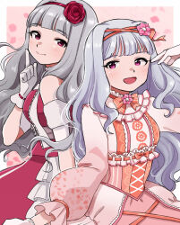 2girls arm_up back-to-back blunt_bangs border closed_mouth dress dual_persona flower gloves grey_hair hair_flower hair_ornament hairband highres idolmaster idolmaster_(classic) index_finger_raised long_hair long_sleeves looking_at_viewer multiple_girls naruse_ill open_mouth outside_border pink_background puffy_sleeves purple_eyes red_flower red_hairband red_rose rose shijou_takane smile upper_body white_border white_gloves