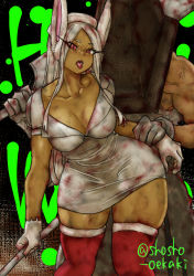 1boy 1girl abs animal_ears blood boku_no_hero_academia breasts cosplay dark-skinned_female dark_skin gloves large_breasts long_eyelashes long_hair looking_at_viewer mirko muscular nurse_(silent_hill) nurse_(silent_hill)_(cosplay) pyramid_head rabbit_ears rabbit_girl red_eyes shosho_oekaki silent_hill thick_thighs thighhighs thighs tongue tongue_out white_hair