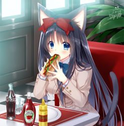 1girl animal_ears beige_blazer black_hair blazer blue_eyes blush bottle bow bowtie breasts cat_ears cat_girl cat_tail checkered_floor coca-cola collared_shirt commentary_request dated diner eating female_focus food glasses hair_between_eyes hair_bow hair_over_shoulder holding holding_food hot_dog indoors jacket ketchup_bottle long_hair long_sleeves looking_at_viewer medium_breasts mustard original plant plate ryuuga_shou school_uniform shirt signature sitting solo table tail very_long_hair white_shirt