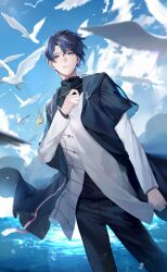 1boy aeon_(shining_nikki) artist_request bird black_pants black_shirt blue_coat blue_eyes blue_hair blue_sky broken cloud coat cowboy_shot dress_pants expressionless floating_clothes flower game_cg hand_on_own_chest highres jacket layered_sleeves light_particles lips long_sleeves male_focus medallion nikki_(series) ocean official_art open_clothes open_coat pants parted_bangs parted_lips seagull shining_nikki shirt short_hair short_over_long_sleeves short_sleeves sky solo standing third-party_source turtleneck turtleneck_shirt white_jacket
