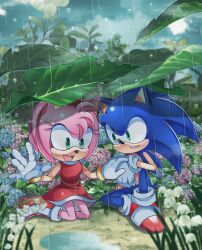 amy_rose animal_ears animal_nose blue_fur boots bracelet dress flower furry furry_female furry_male glass gloves gold_bracelet green_eyes hairband hedgehog highres jewelry leaf leaf_on_head leaf_umbrella open_mouth pink_fur r131q rain red_dress red_footwear red_hairband shadow shoes short_tail sonic_(series) sonic_frontiers sonic_the_hedgehog tail tree white_gloves