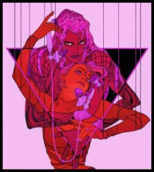 2boys antique_phone arm_tattoo diavolo fishnet_top fishnets ginsky2000 highres holding holding_phone jojo_no_kimyou_na_bouken long_hair multiple_boys phone pink_eyes pink_hair polka_dot polka_dot_hair red_theme short_hair string sweater tattoo triangle vento_aureo vinegar_doppio wristband