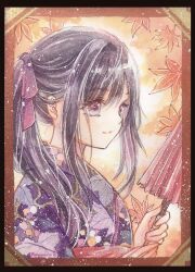 Rule 34 | 1girl, absurdres, autumn leaves, black hair, floral print, floral print kimono, highres, holding, holding umbrella, japanese clothes, kimono, leaf, long hair, looking to the side, maple leaf, nazumi shiho, oil-paper umbrella, original, portrait, print kimono, purple kimono, solo, umbrella