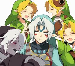 5boys armor blank_eyes blonde_hair bottle brown_gloves closed_eyes closed_mouth collared_tunic colored_sclera colored_skin commentary commentary_request dark_link dark_persona deku_mask empty_eyes expressionless facial_mark fierce_deity fingerless_gloves gloves green_hat green_sleeves green_tunic grey_skin happy hat highres holding holding_bottle layered_sleeves link long_sleeves male_focus mask mmmaki_0 multiple_boys multiple_persona nintendo no_pupils open_mouth pointy_ears red_eyes red_sclera shirt short_hair short_over_long_sleeves short_sleeves smile the_legend_of_zelda the_legend_of_zelda:_majora&#039;s_mask the_legend_of_zelda:_ocarina_of_time tunic unworn_mask upper_body water_bottle white_background white_eyes white_hair white_sleeves young_link