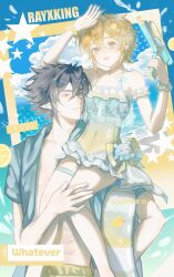 2boys absurdres alternate_costume alternate_hairstyle aotu_world artist_name bare_legs bare_shoulders beach bikini black_hair blonde_hair blue_eyes blue_one-piece_swimsuit blue_shirt blue_sky blush bow bracelet carrying carrying_person character_name chinese_commentary closed_eyes cloud collarbone covered_navel crossdressing crossdressing_(mtf) english_text frilled_one-piece_swimsuit frills hair_ornament hairclip hand_on_another&#039;s_thigh hands_up highres holding holding_swim_ring holding_water_gun innertube jewelry king_(aotu_world) looking_at_another looking_at_viewer male_focus male_swimwear multicolored_swimsuit multiple_boys ocean one-piece_swimsuit open_clothes open_mouth open_shirt outdoors pale_skin parted_lips plutoray pointy_ears ponytail purple_eyes ray_(aotu_world) see-through_clothes shirt short_hair short_ponytail short_sleeves sitting_on_shoulder sky smile star_(symbol) stuffed_animal stuffed_octopus stuffed_toy summer swim_ring swim_trunks swimsuit thigh_strap trap water water_gun wet wet_clothes wet_hair yaoi yellow_bow yellow_one-piece_swimsuit
