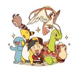 1boy :d ^_^ ampharos backpack backwards_hat bag baseball_cap black_hair blush_stickers closed_eyes commentary ethan_(pokemon) gen_1_pokemon gen_2_pokemon growlithe hat jacket long_sleeves male_focus meganium nintendo open_mouth pidgeot pokemon pokemon_(creature) pokemon_hgss quagsire red_jacket sentret shoes short_hair smile sparkle ssalbulre standing v white_background