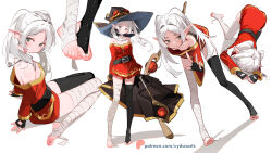 Rule 34 | 1girl, bandaged leg, bandages, bare shoulders, barefoot, belt, black belt, black gloves, black hat, black thighhighs, breasts, cosplay, dress, earrings, elf, feet, foot focus, frieren, from side, gloves, hat, highres, holding, holding staff, jewelry, kono subarashii sekai ni shukufuku wo!, long sleeves, looking at viewer, megumin, megumin (cosplay), multiple views, off-shoulder dress, off shoulder, pointy ears, red dress, sitting, small breasts, sousou no frieren, staff, sydus, thighhighs, top-down bottom-up, wariza, watermark, web address, witch hat