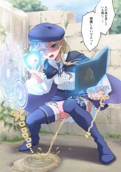 1girl blonde_hair blue_eyes blue_hat book commentary_request frilled_skirt frills hat highres laaapie looking_at_viewer magic_circle open_mouth original outdoors pee peeing shirt shoes skirt solo sound_effects speech_bubble teeth thighhighs translation_request white_shirt