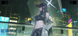 1girl 1s44c baseball_cap belt blue_archive building city hand_in_pocket hat long_hair navel night photo_background rain saori_(blue_archive) stomach umbrella very_long_hair