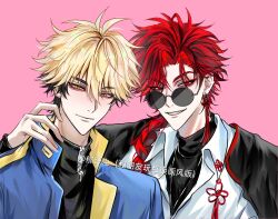 2boys antenna_hair artist_name black_hair black_jacket black_shirt blonde_hair blue_jacket braid braided_ponytail chinese_commentary chinese_knot chinese_text closed_mouth collared_shirt earrings grin hand_on_another&#039;s_neck highres jacket jacket_on_shoulders jewelry long_hair long_sleeves looking_at_viewer male_focus multicolored_hair multicolored_jacket multiple_boys necklace orange_eyes pink_background red_eyes red_hair round_eyewear shiguang_dailiren shirt short_hair simple_background single_braid single_earring smile sunglasses tassel tassel_earrings turtleneck two-tone_hair upper_body white_shirt xia_fei xiao_weiying yaoi yuxianchen zipper